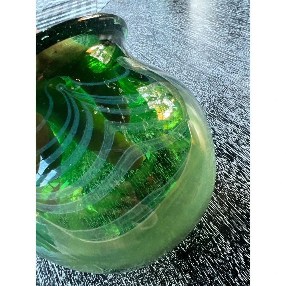 Blown Glass Vase - greenwith blue/gold scallop‎ swirls